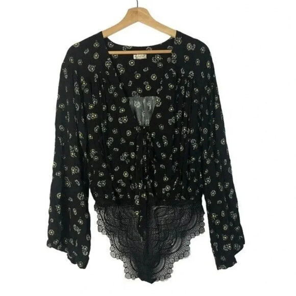 Free People Intimately Forties Feel Black Floral Bodysuit XS - Picture 2 of 5